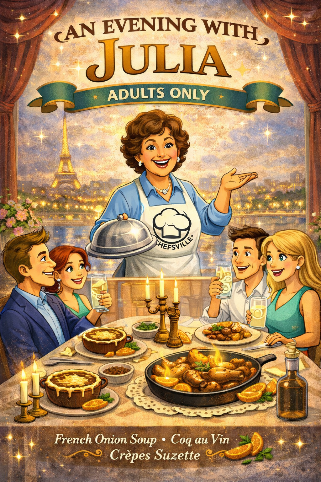 An Evening with Julia - French Onion Soup, Coq Au Vin and Crepes Suzette